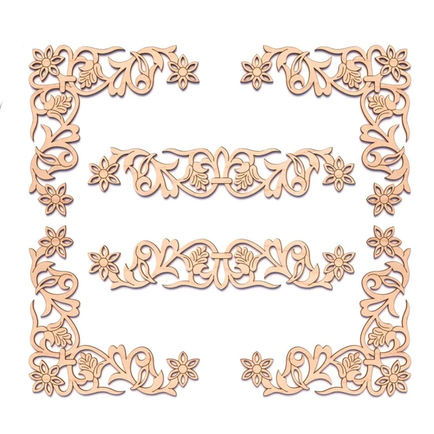 Decorative floral cutout shapes on a white background