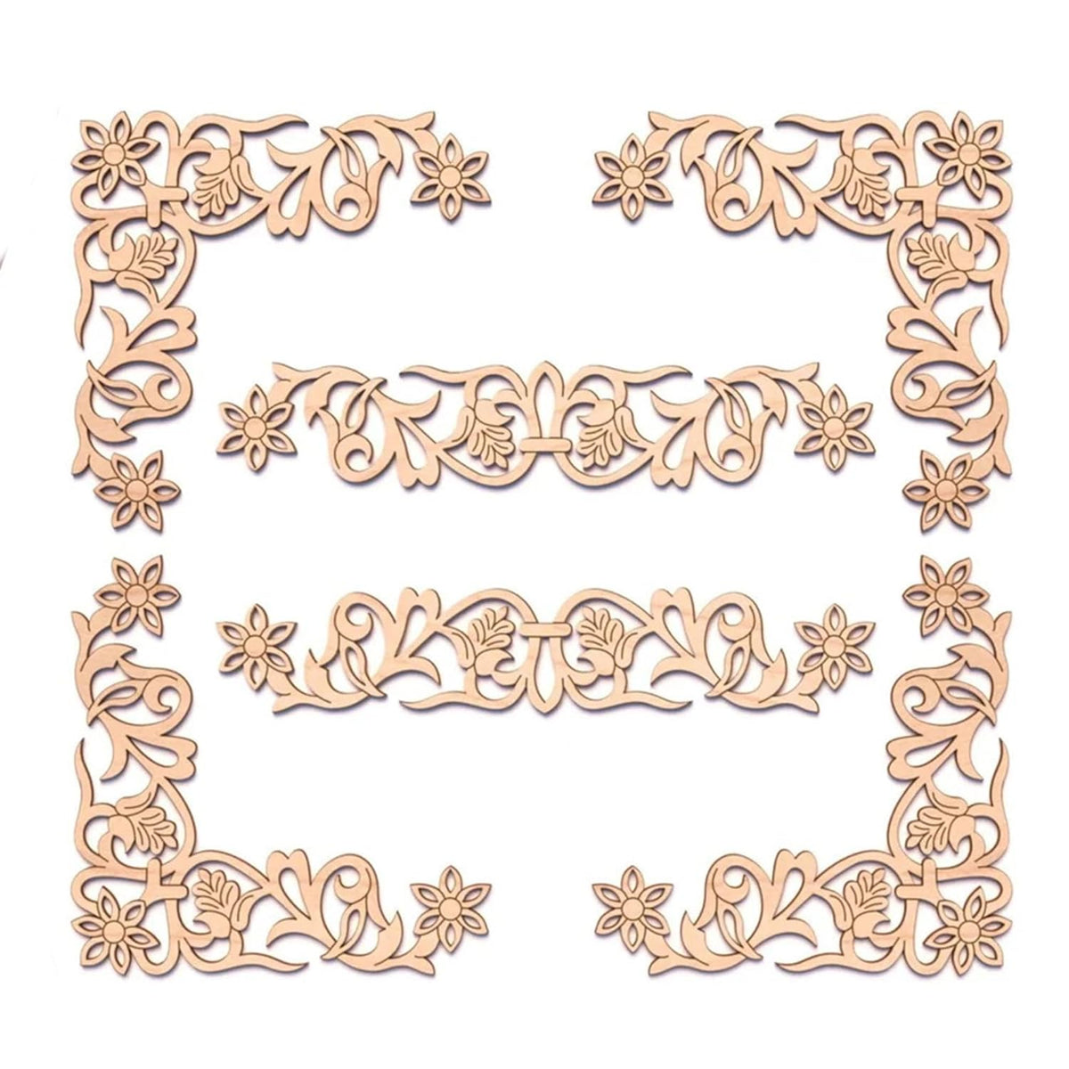 Decorative floral cutout shapes on a white background