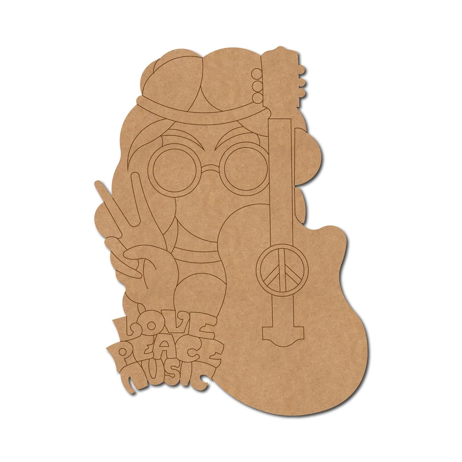 Cardboard cutout of a person with a guitar, peace sign, and 'love peace music' text on a white background