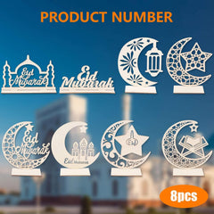Set of eight Eid decorative items with various designs on a blurred cityscape background.