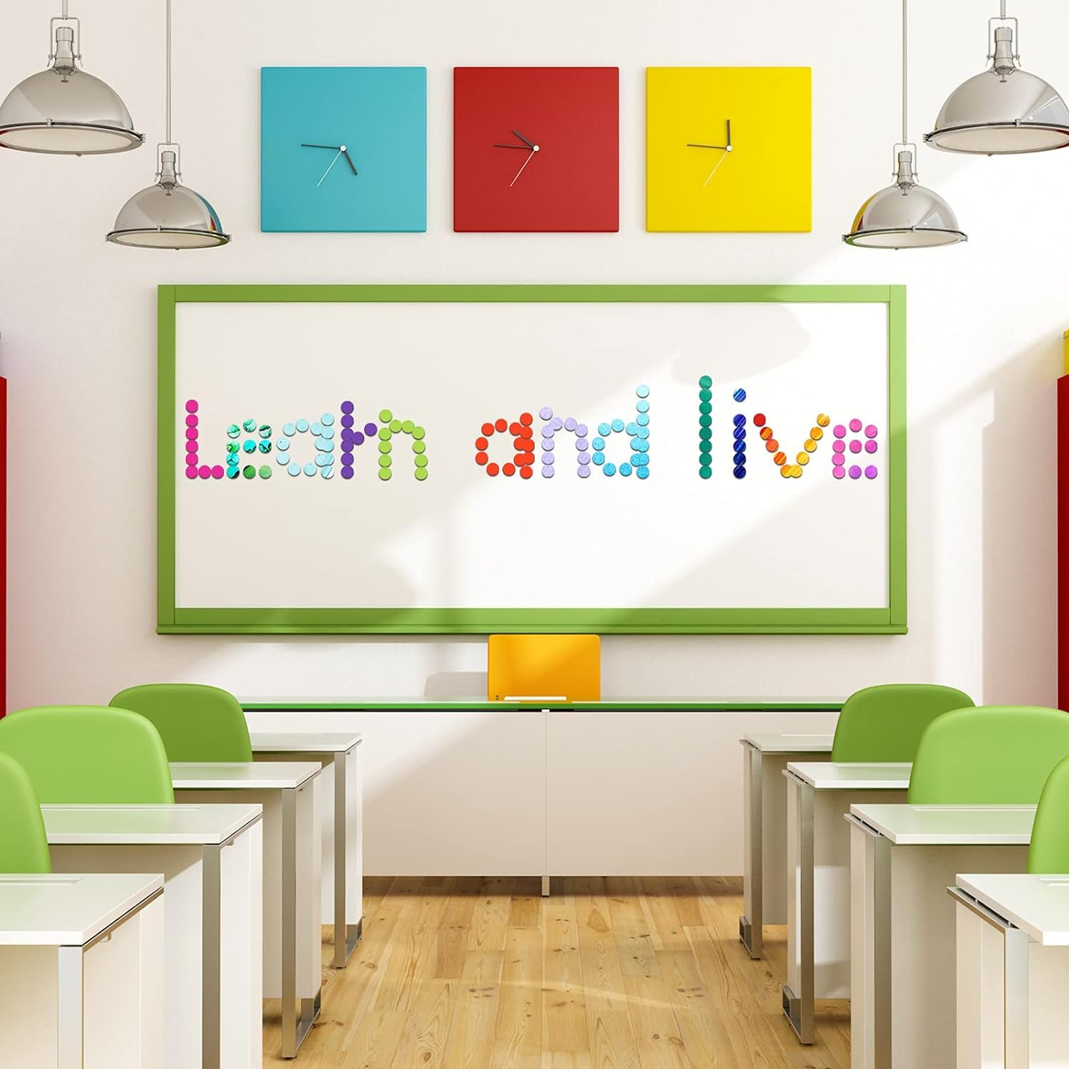 Modern classroom with colorful wall clocks and a motivational message on the board.