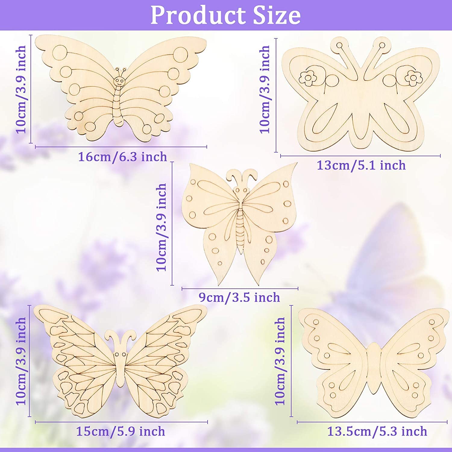 Wooden butterfly shapes with measurements on a soft purple background
