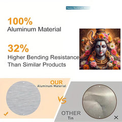 Advertisement highlighting aluminum material properties with a deity image and material comparison.