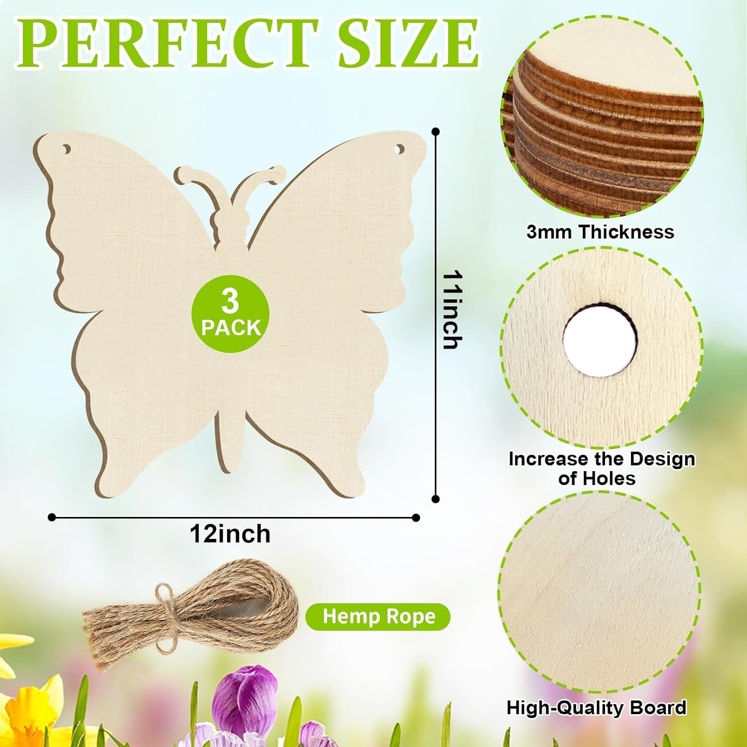 Butterfly-shaped wooden cutout with measurements and details on a floral background