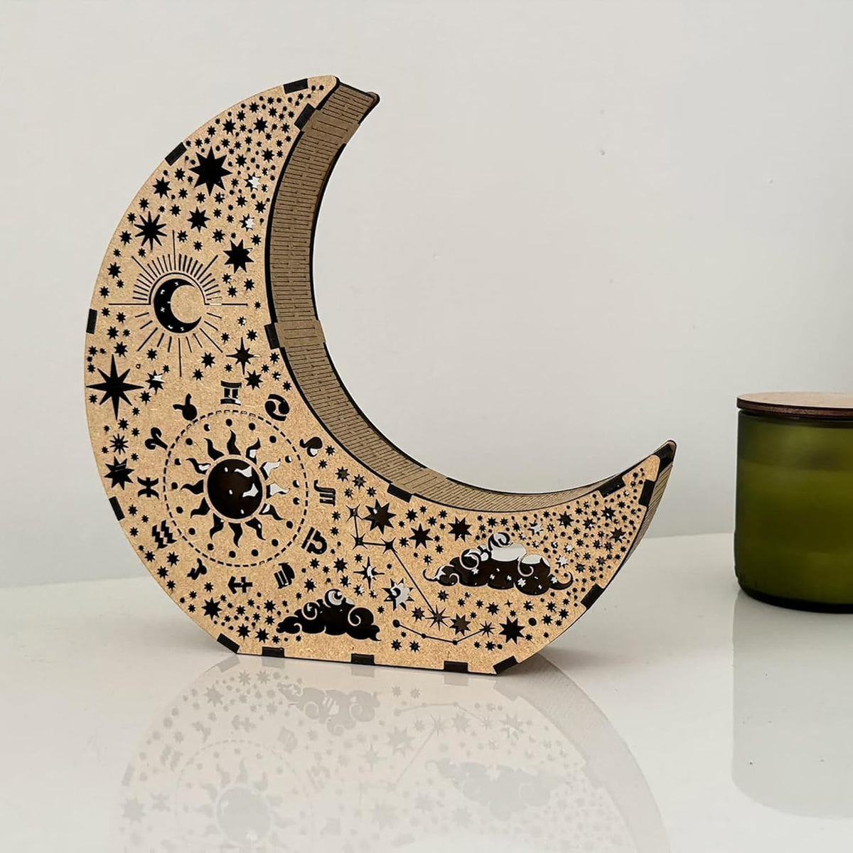 Cliths Wooden Moon Tealight Holder Ramadan Eid Night Light 3D Sun & Star Design Table Decor