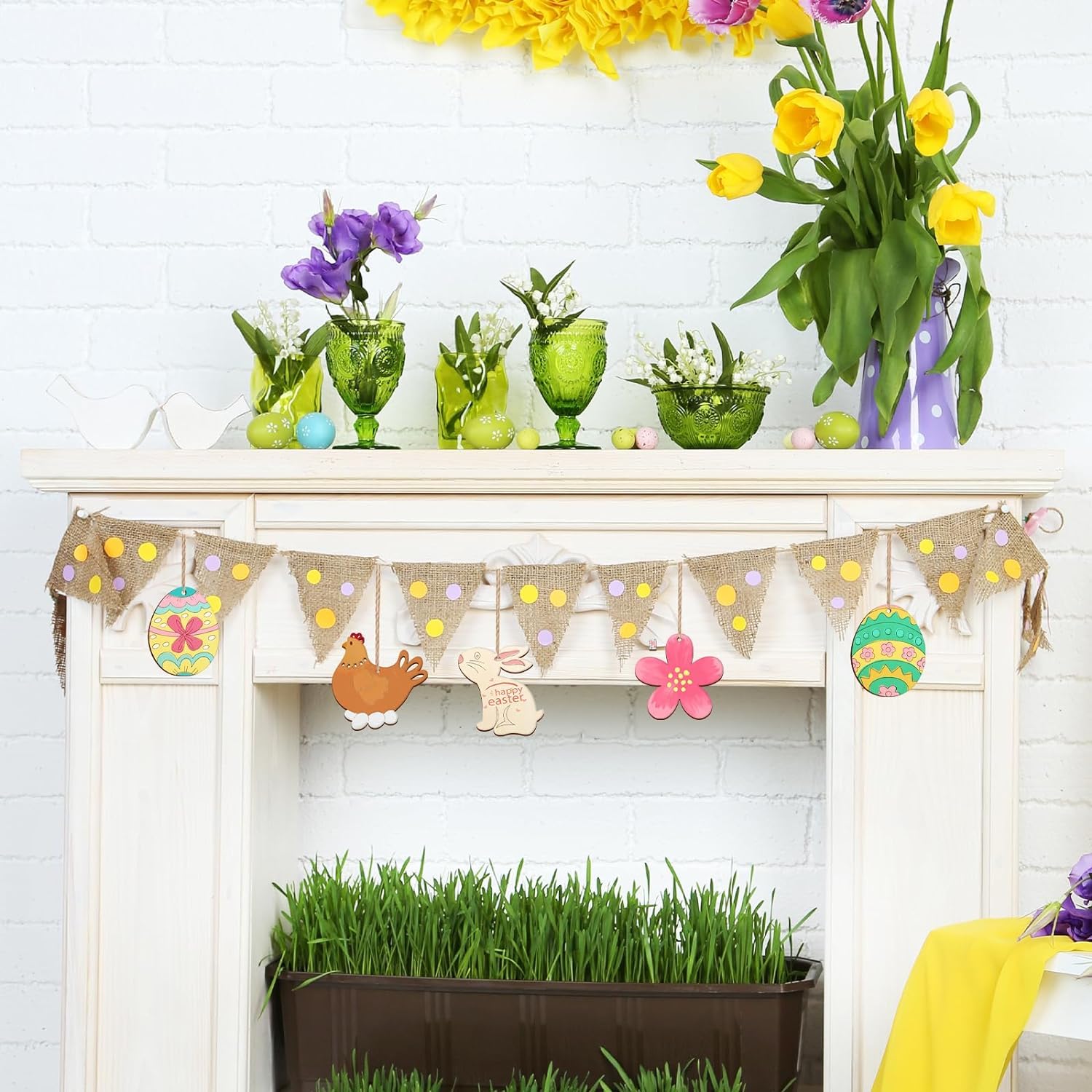Decorative Easter banner with colorful eggs and bunnies on a white brick wall background.