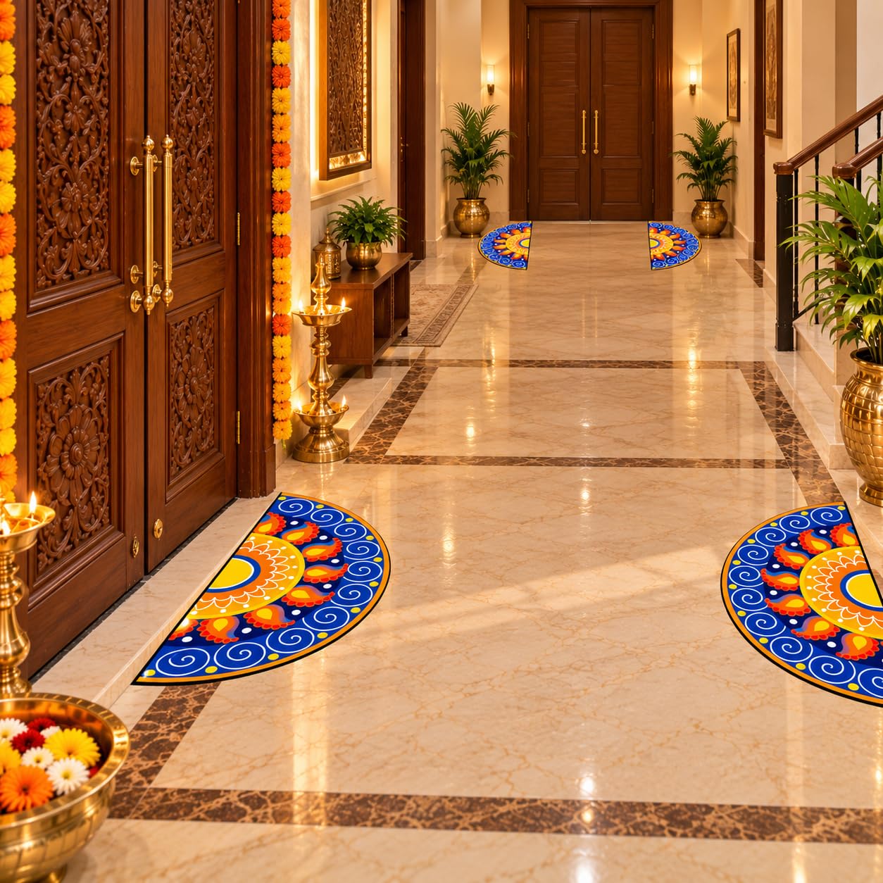 blue and orange half mandala rangoli decoration for home entrance
