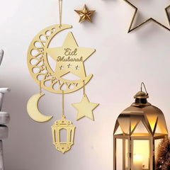 Cliths Eid Mubarak Wooden Door Sign Ramadan Decor Moon & Lantern Islamic Wall Hanging Hollow Home Decor
