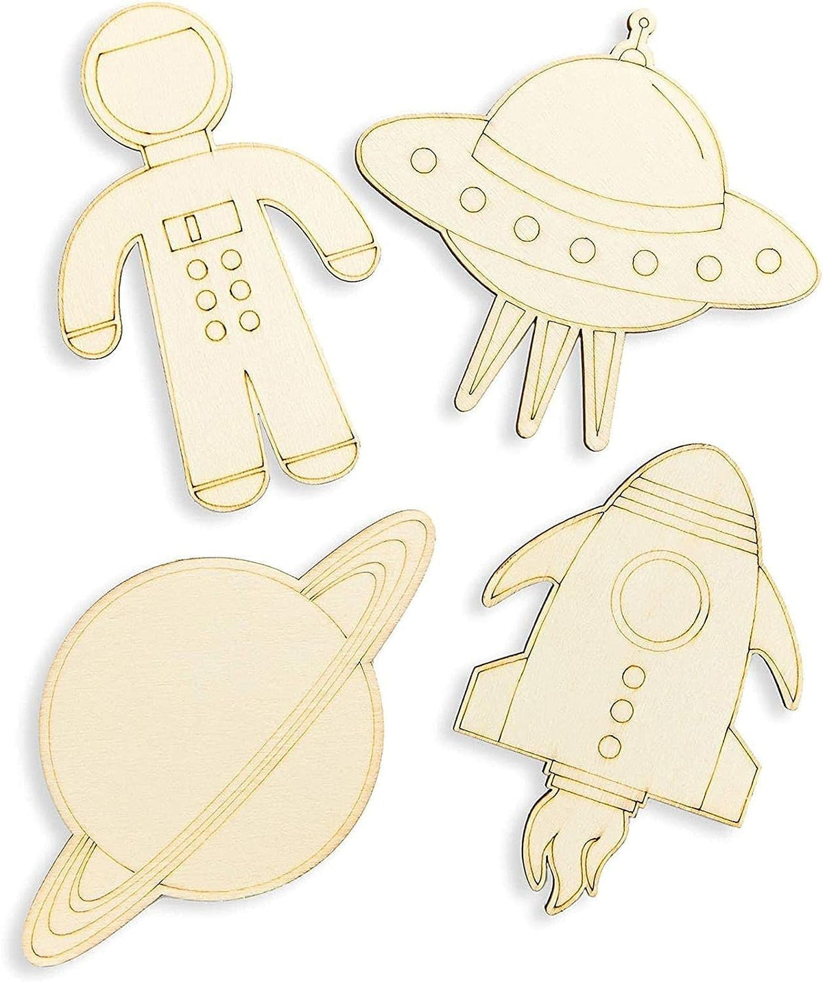Set of four wooden space-themed decorations including a astronaut suit, UFO, Saturn, and rocket ship on a white background.