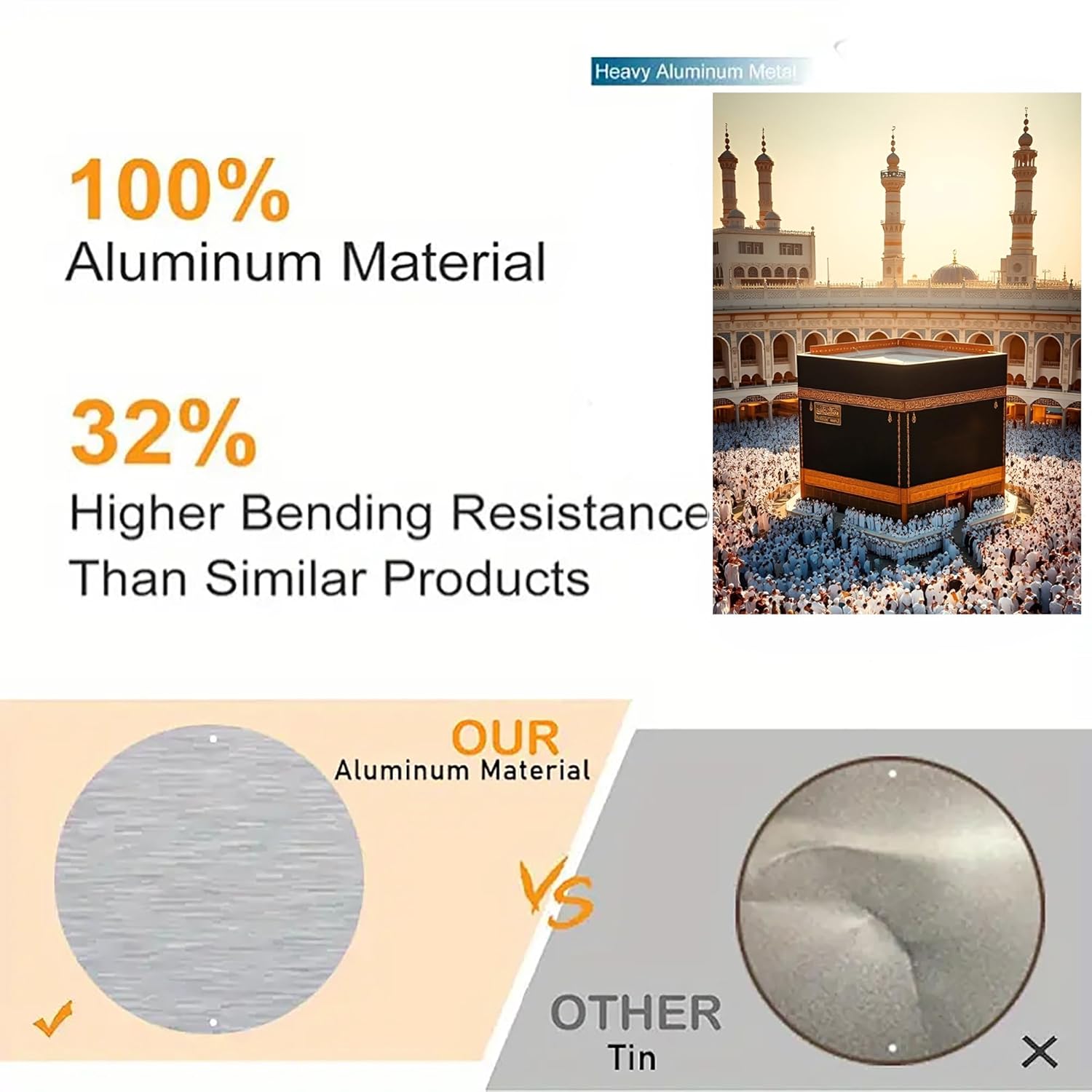Advertisement highlighting aluminum material properties with images of the Kaaba and metal samples.