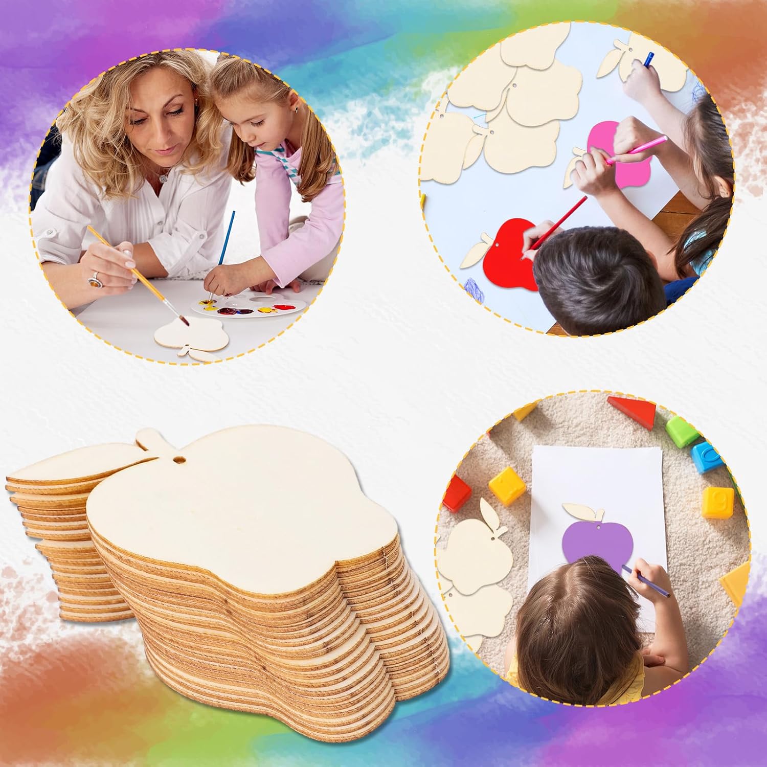 Collage of children drawing with colorful paper hearts and a stack of heart-shaped wooden boards.