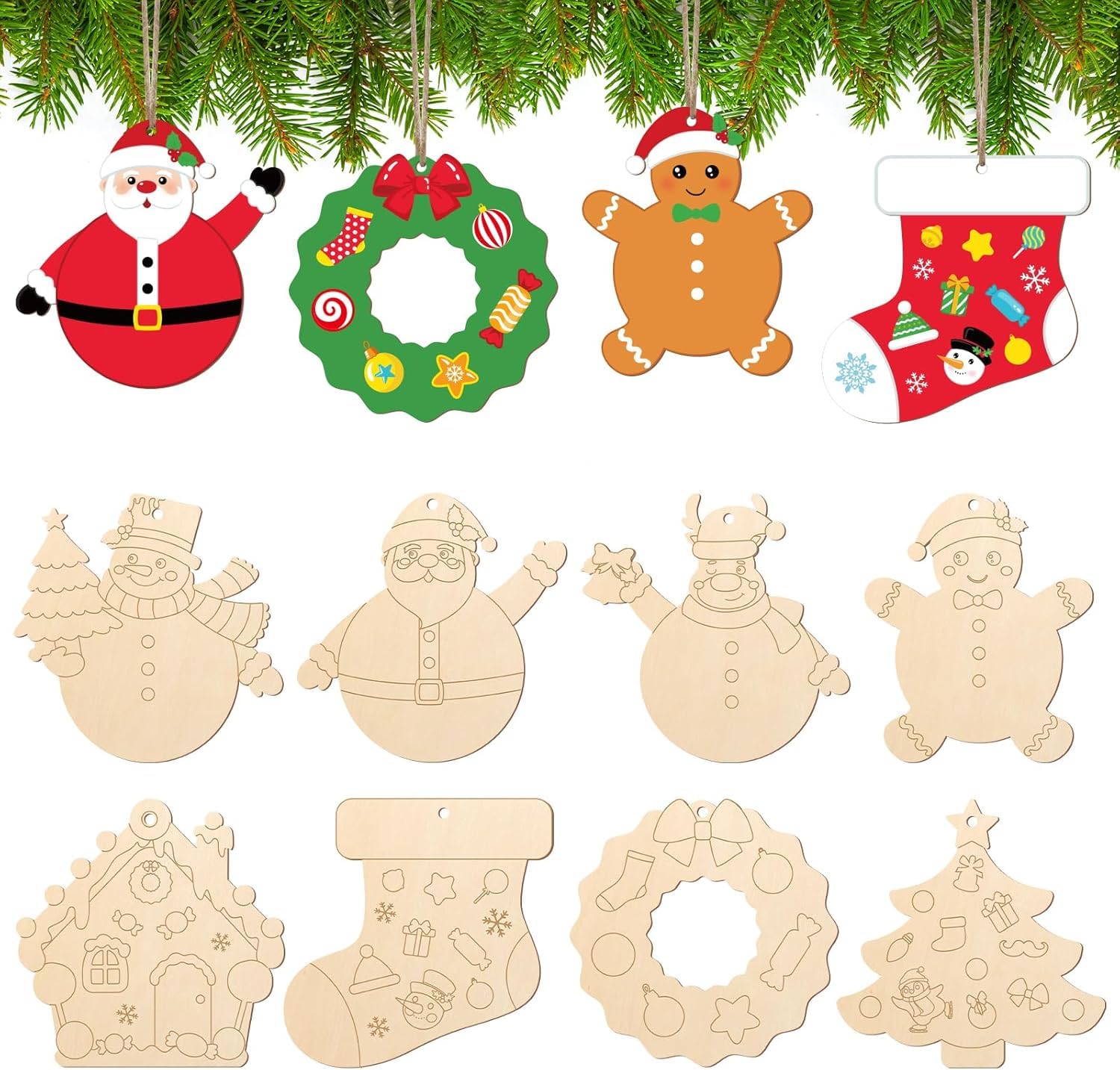 Set of wooden Christmas ornaments including Santa, wreath, gingerbread man, stocking, and snowmen on a white background with greenery.