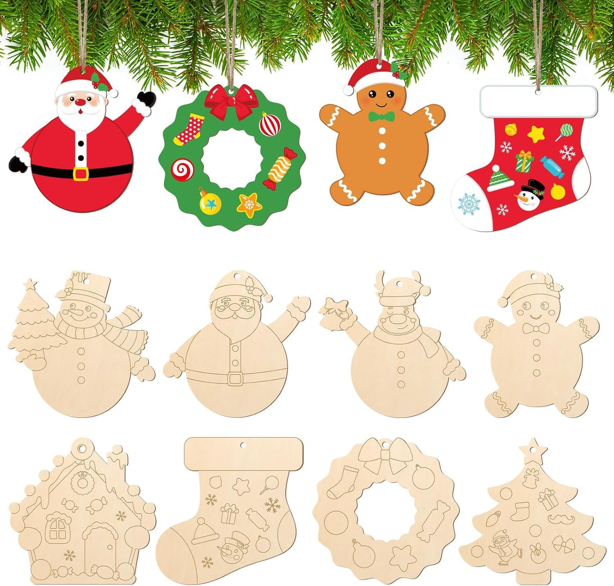 Set of wooden Christmas ornaments including Santa, wreath, gingerbread man, stocking, and snowmen on a white background with greenery.