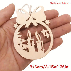 Wooden Christmas ornament with candles and stars held in a hand, showing dimensions.