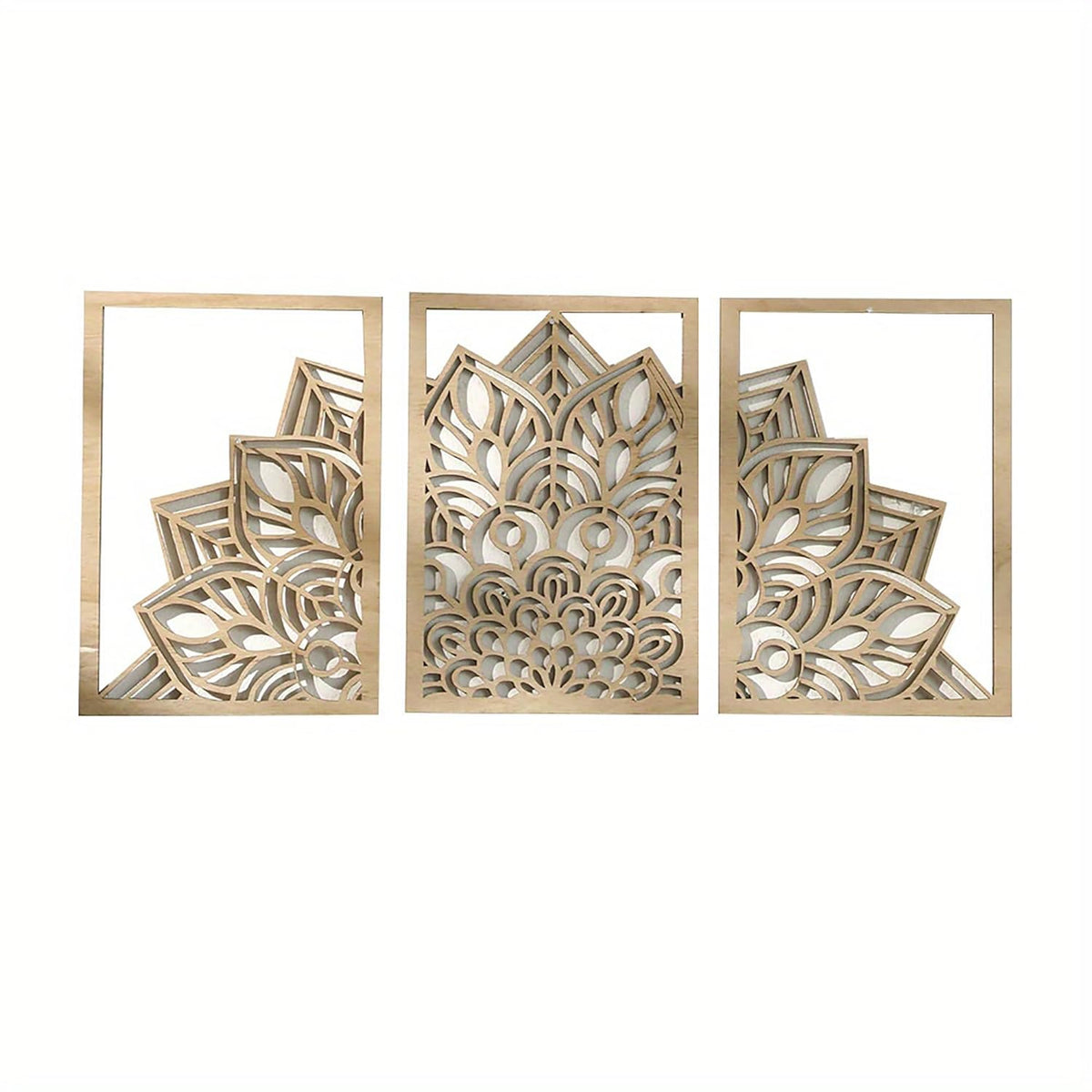 Set of three decorative wall panels with intricate cut-out patterns on a white background
