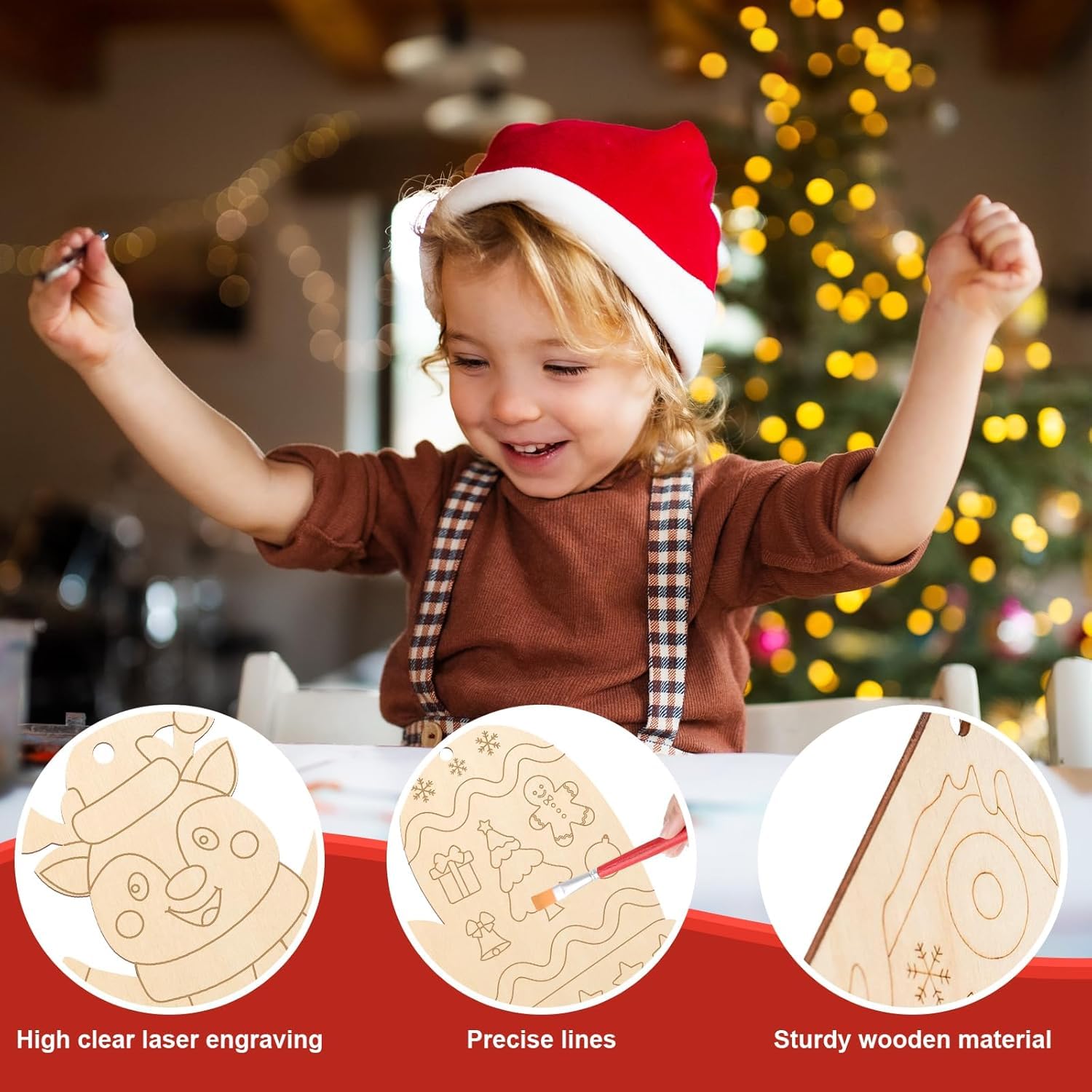 Child wearing a Santa hat with Christmas decorations in the background, featuring wooden carving tools and materials.