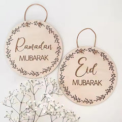 Cliths Set of 2 Ramadan Decorations Wooden Ramadan Mubarak & Eid Mubarak Hanging Ornaments Islamic Door Sign