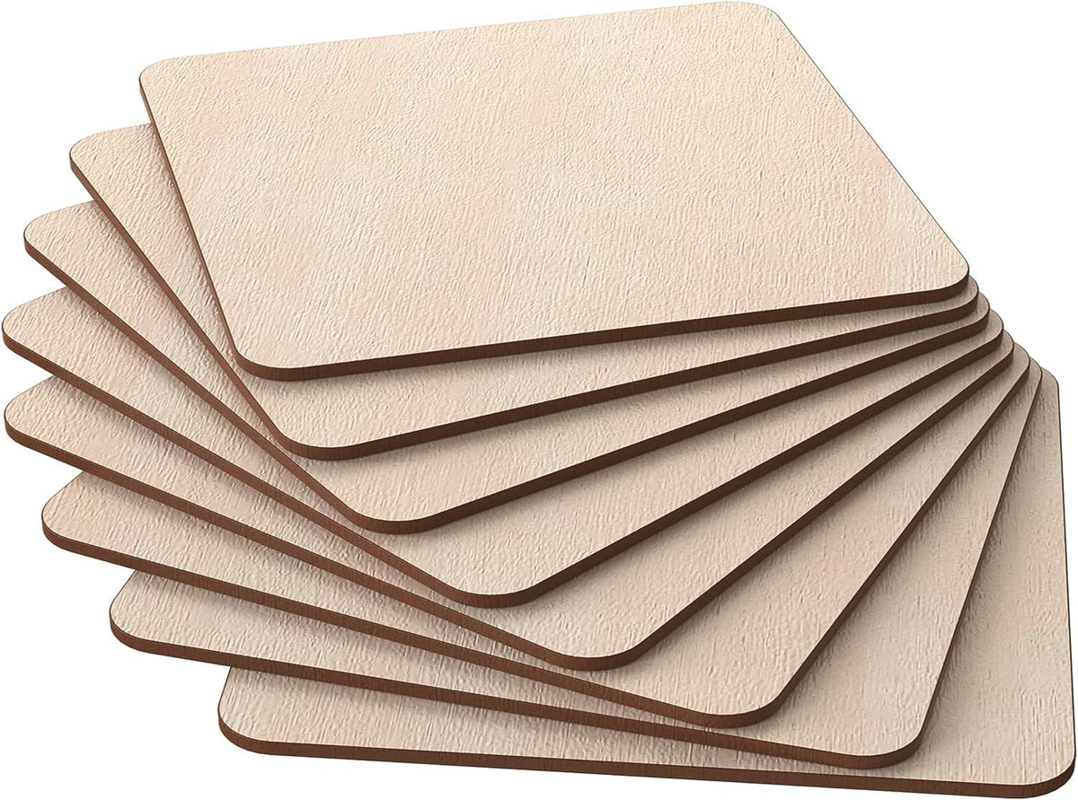 Set of six wooden coasters with a natural finish on a white background