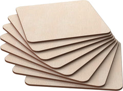 Set of six wooden coasters with a natural finish on a white background