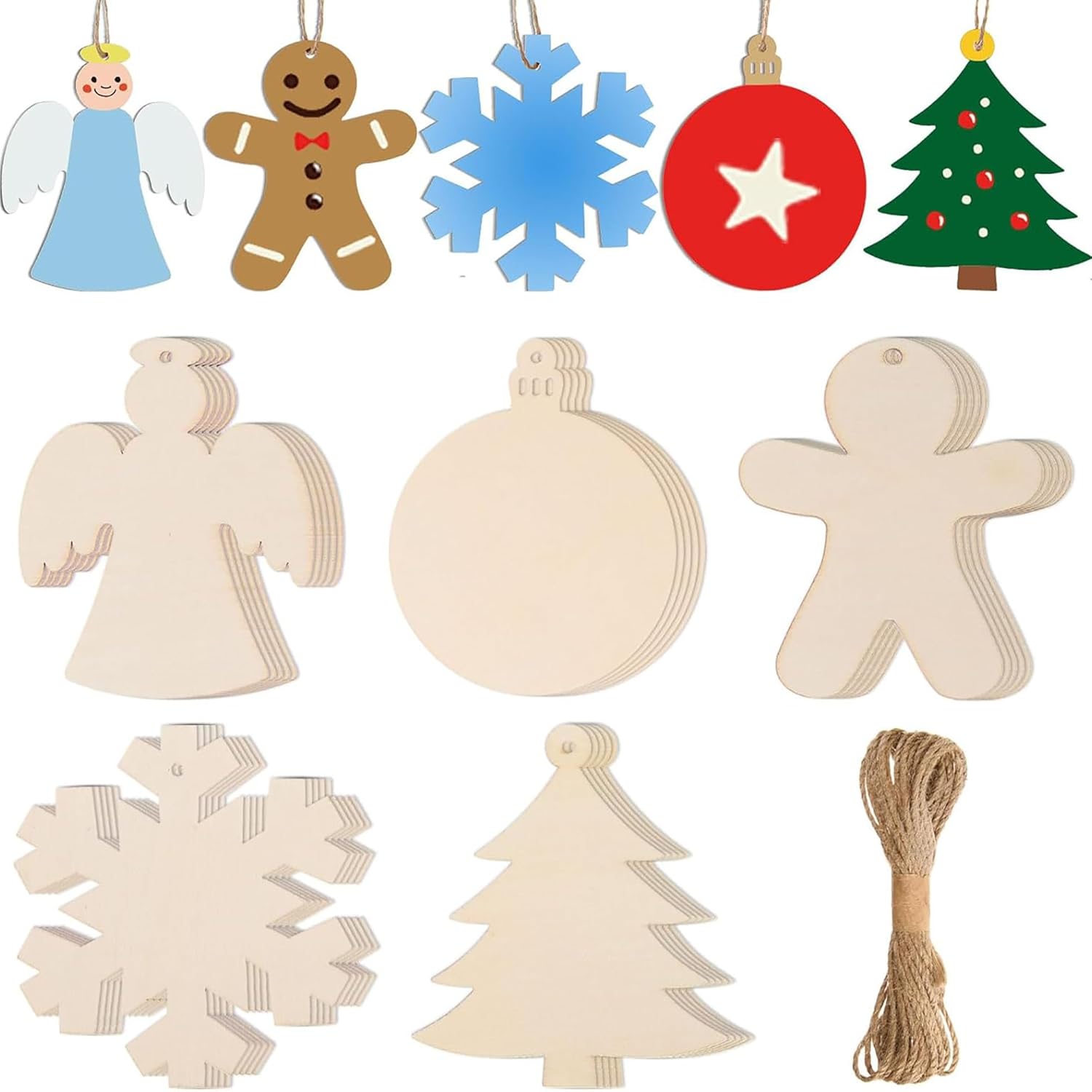 Set of wooden Christmas ornaments including angel, snowflake, gingerbread man, and tree shapes on a white background.