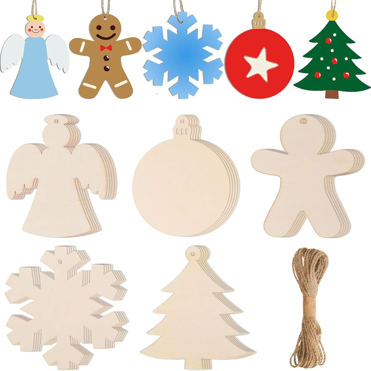 Set of wooden Christmas ornaments including angel, snowflake, gingerbread man, and tree shapes on a white background.