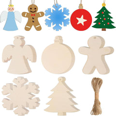 Set of wooden Christmas ornaments including angel, snowflake, gingerbread man, and tree shapes on a white background.