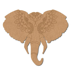 Cardboard cutout of an elephant head with intricate patterns on a white background