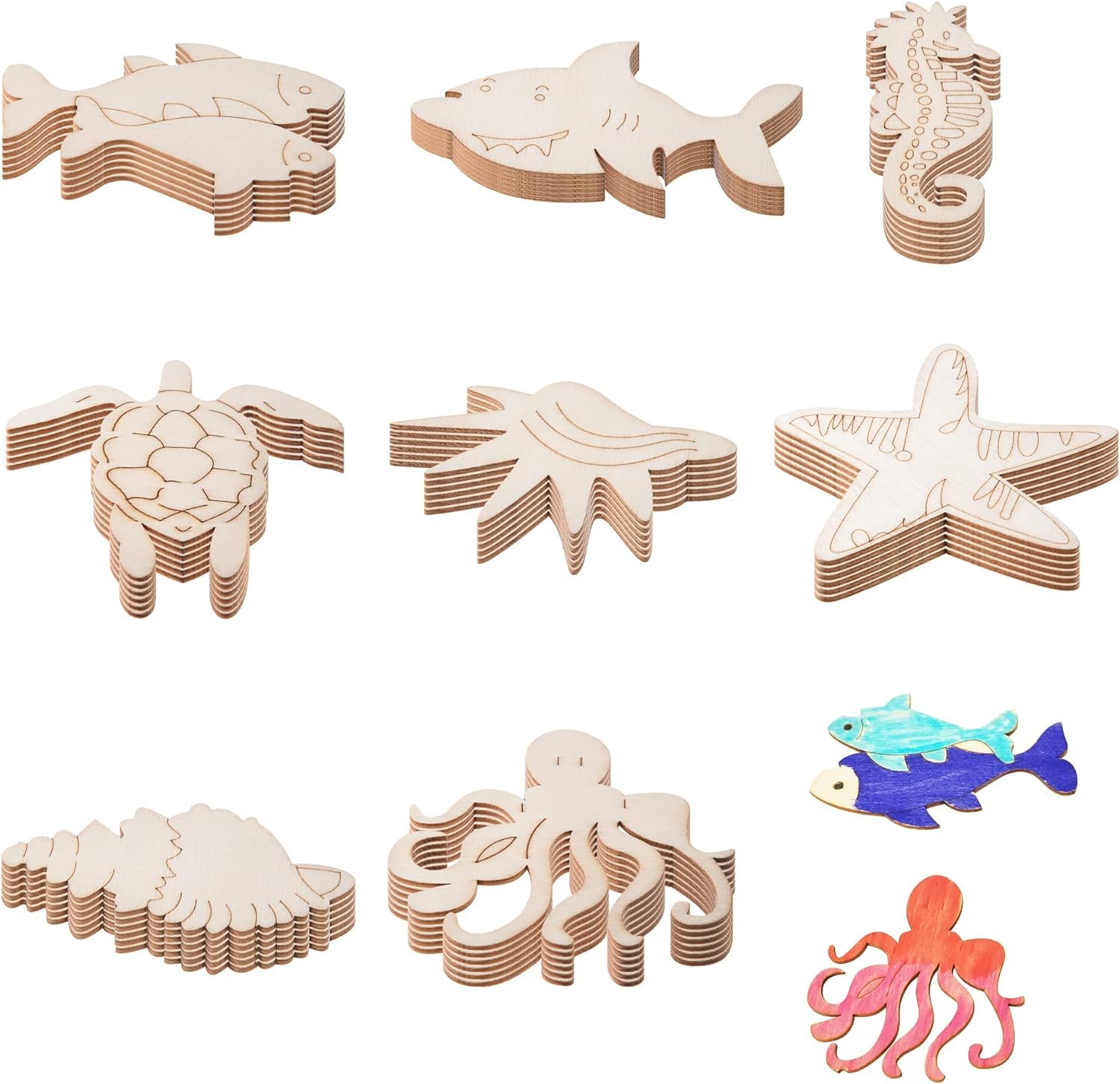 Set of wooden ocean-themed puzzle pieces on a white background
