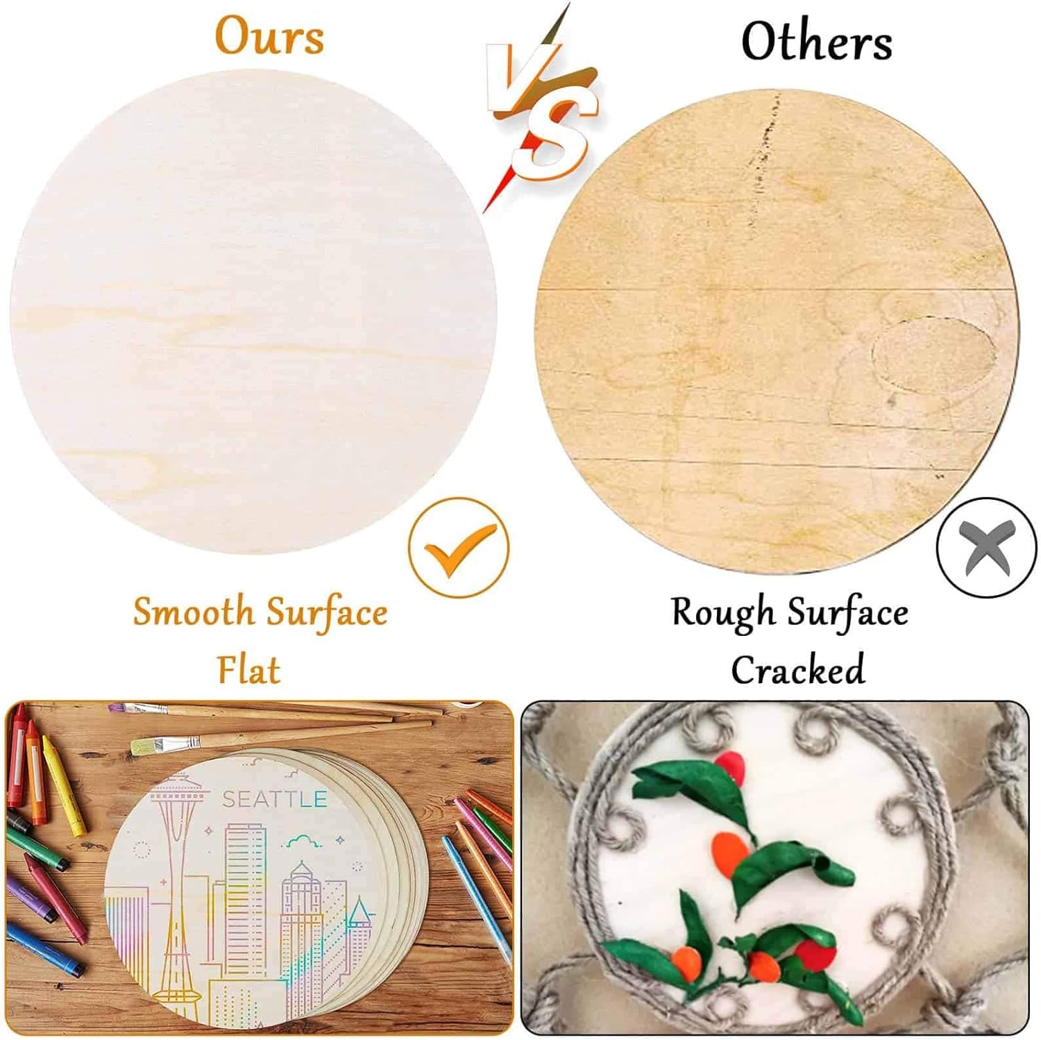 Comparison of smooth surface flat wooden board vs rough surface cracked board with illustrations and text.