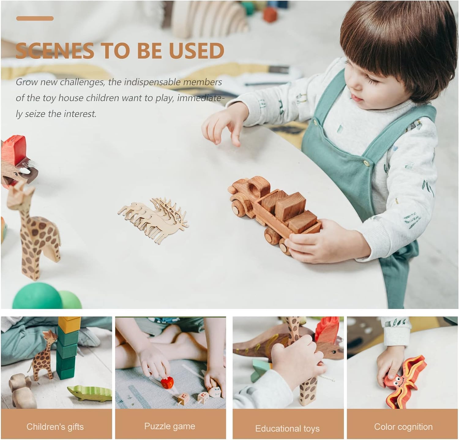 Child playing with wooden toys on a table, surrounded by other toys.