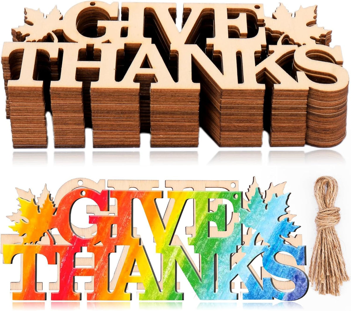 Wooden 'Give Thanks' letters with decorative elements on a white background