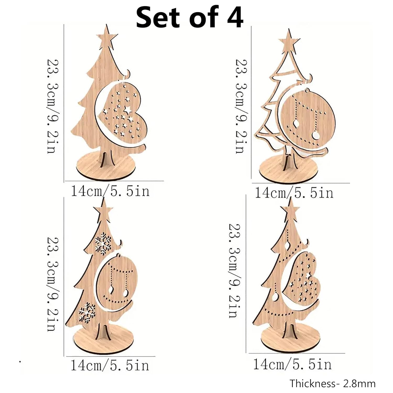 Set of four wooden Christmas tree decorations with measurements on a white background