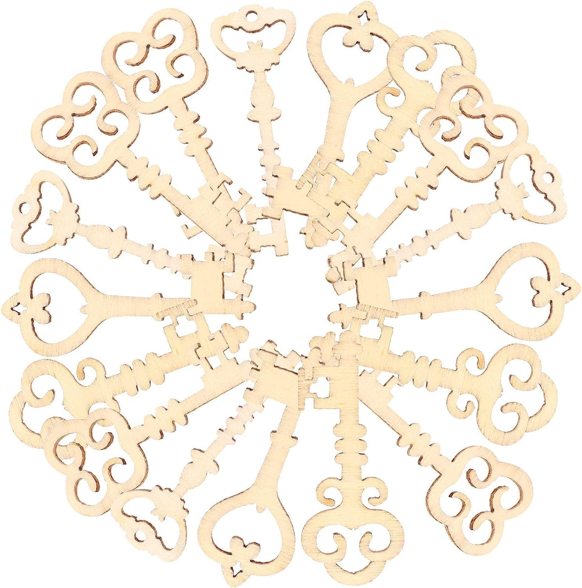 Decorative wooden keys with intricate designs on a white background