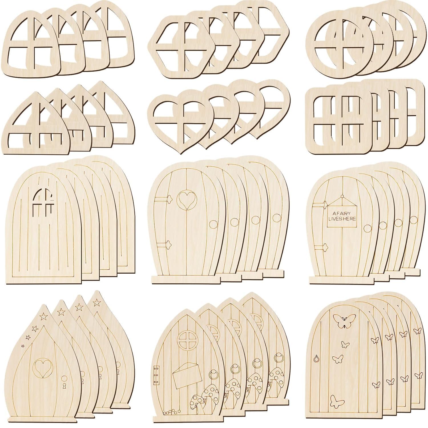 Collection of wooden fairy doors with various designs on a white background