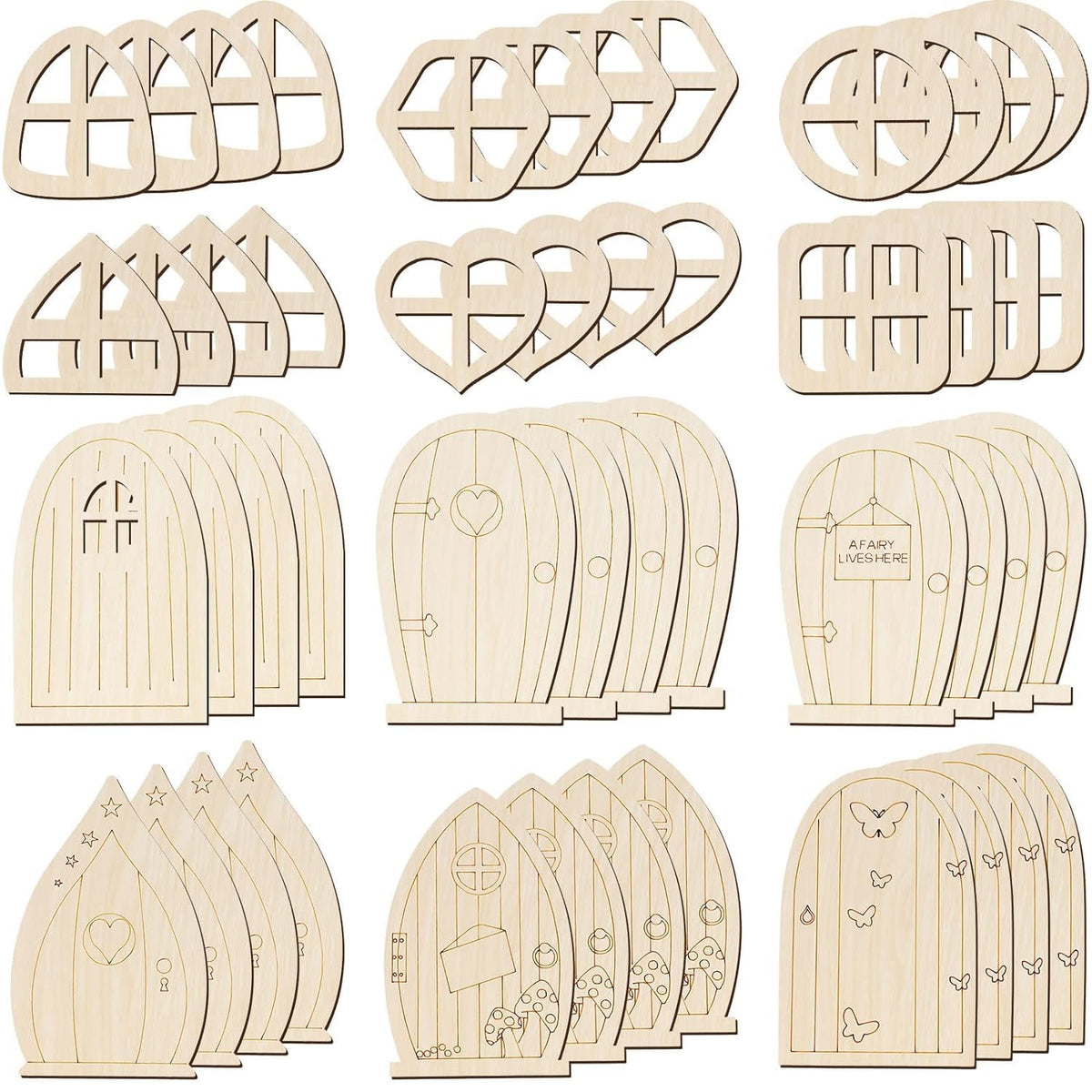 Collection of wooden fairy doors with various designs on a white background