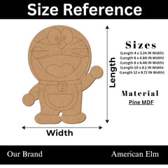 Size reference chart for a wooden cutout of a cartoon character with dimensions and material details.