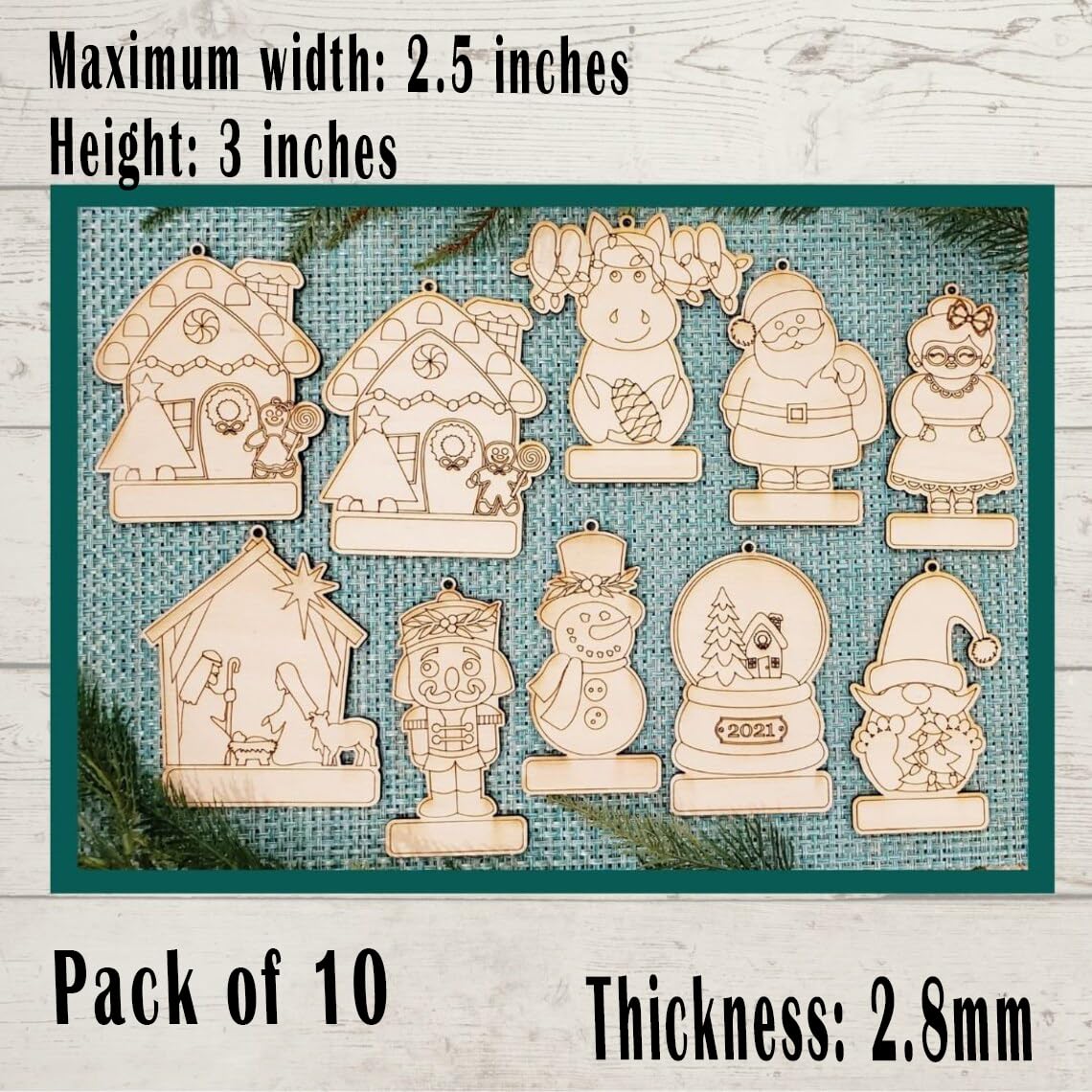 Set of wooden Christmas ornaments on a textured surface with dimensions and quantity information.