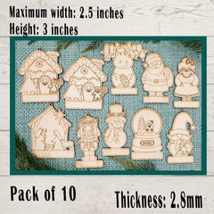 Set of wooden Christmas ornaments on a textured surface with dimensions and quantity information.