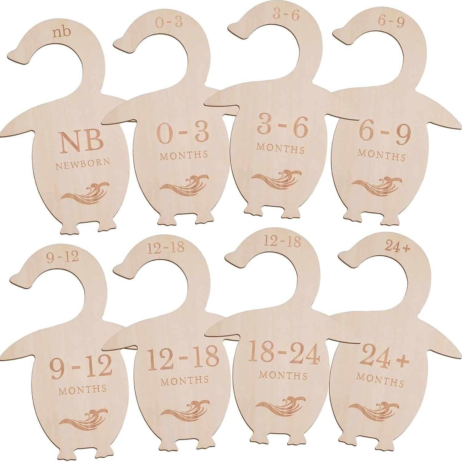 Set of wooden baby size dividers shaped like penguins with age markings on a white background.
