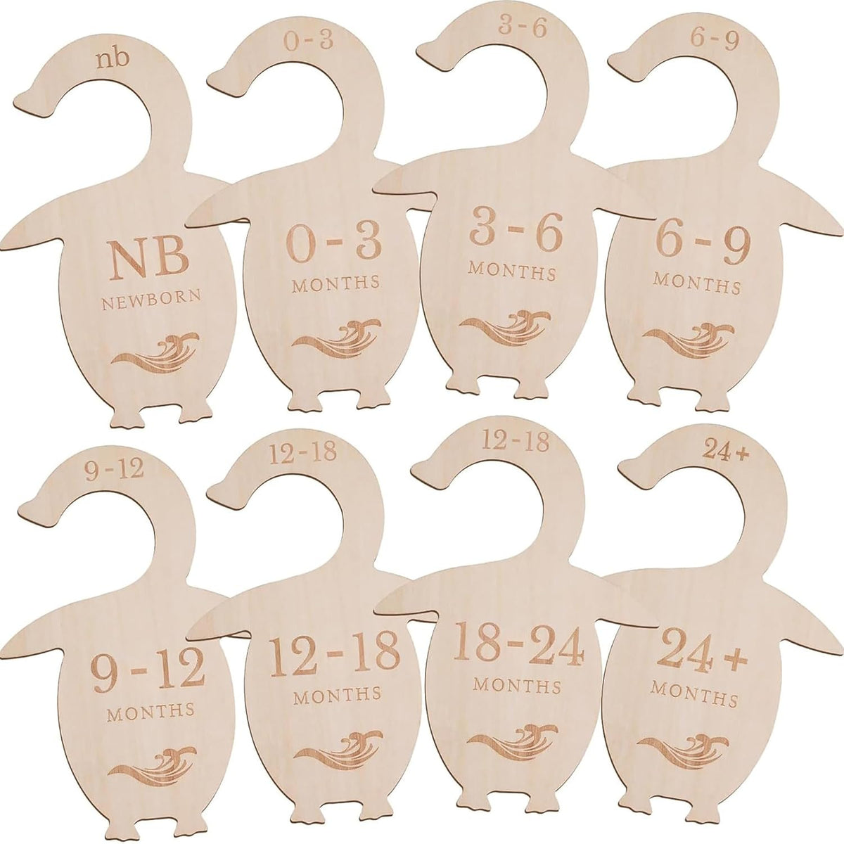 Set of wooden baby size dividers shaped like penguins with age markings on a white background.