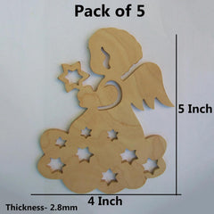 Wooden angel cutout with measurements on a light gray background