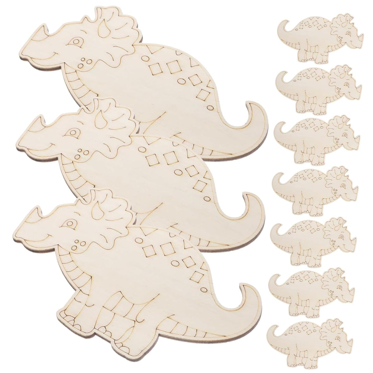 Wooden dinosaur cutouts with smaller dinosaur shapes on a white background