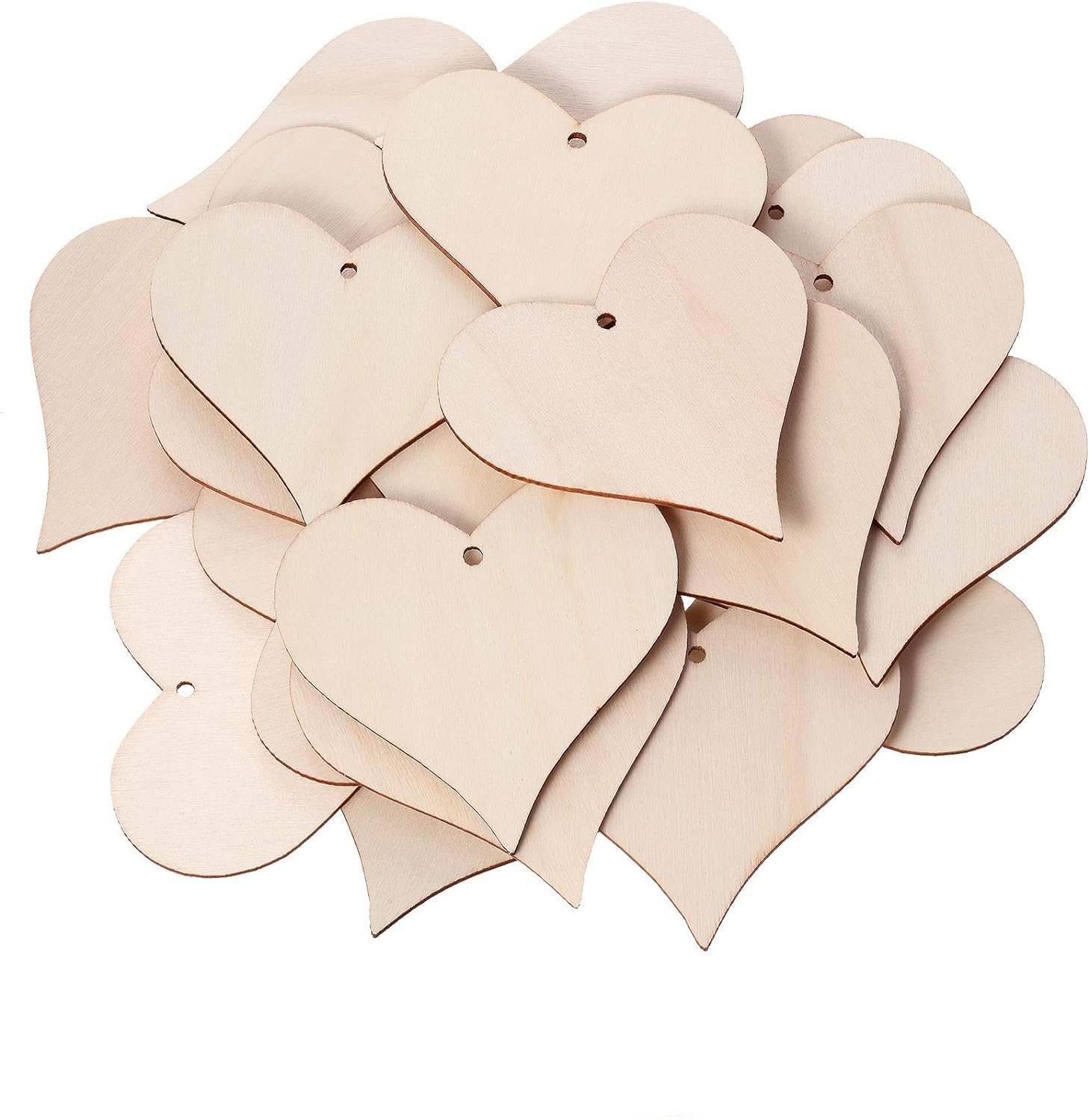 Stack of wooden heart-shaped tags on a white background
