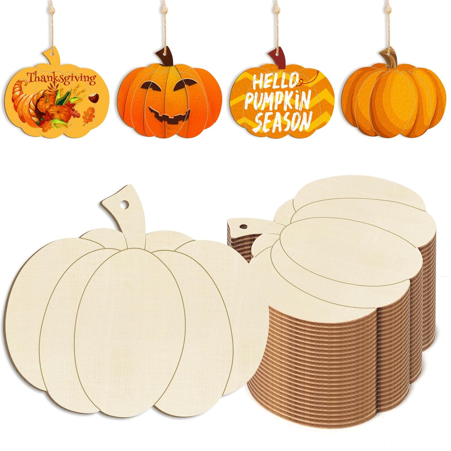 Wooden pumpkin shapes with decorative elements for autumn-themed activities.
