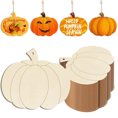 Wooden pumpkin shapes with decorative elements for autumn-themed activities.