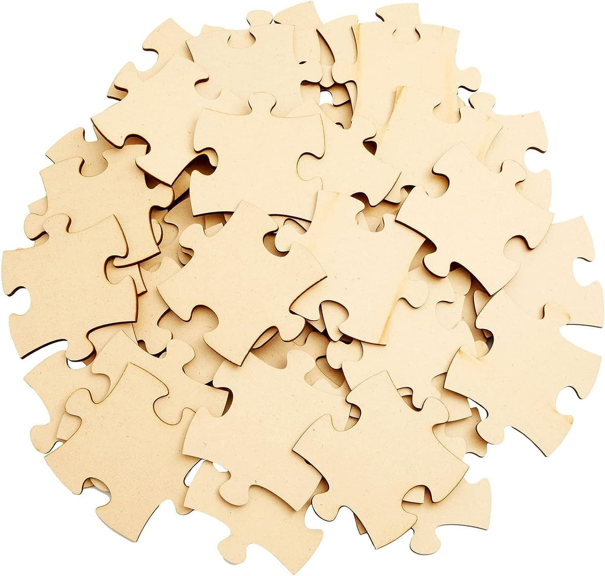Stack of wooden puzzle pieces on a white background