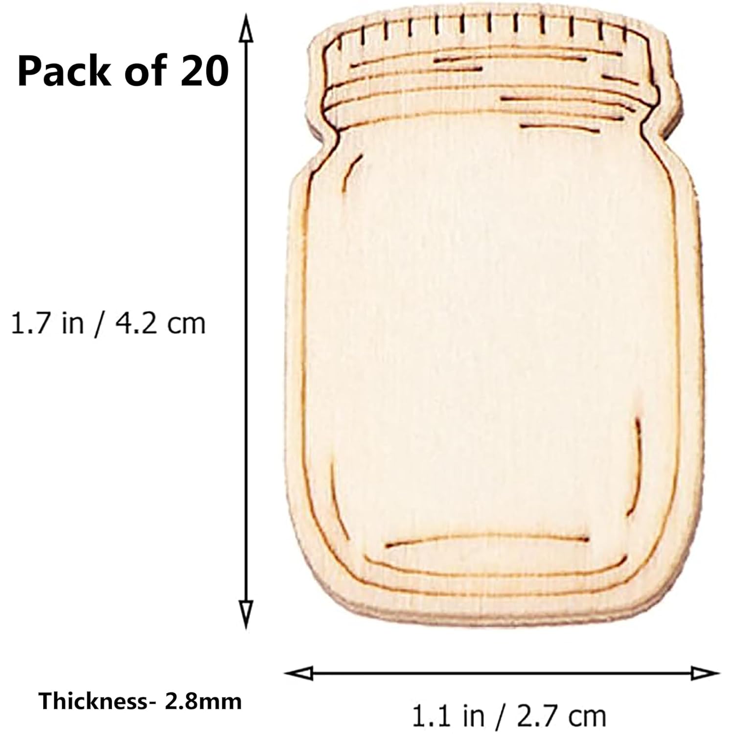 Wooden mason jar cutout with dimensions and pack quantity on a white background