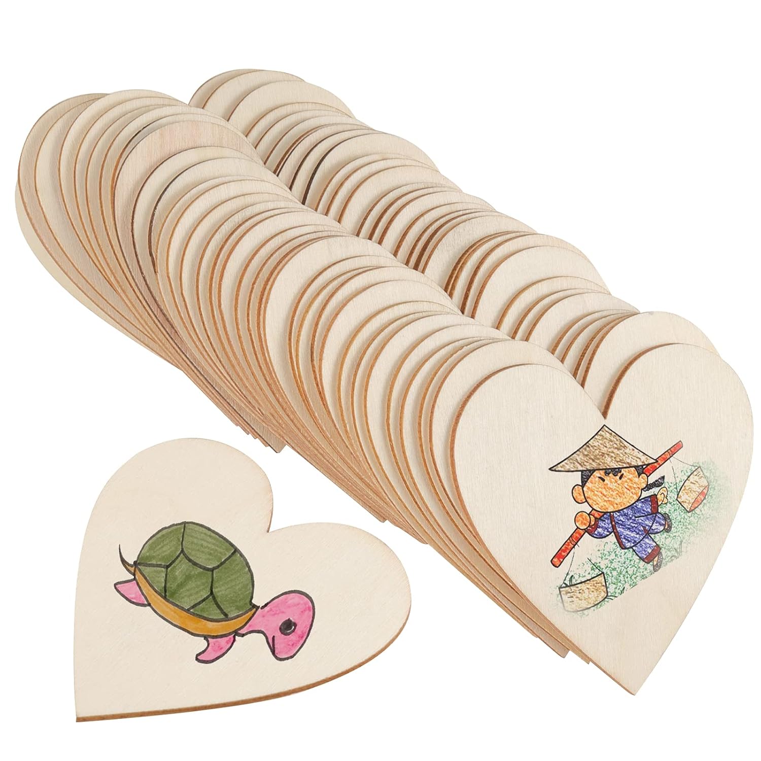 Set of wooden heart-shaped cards with illustrations on a white background
