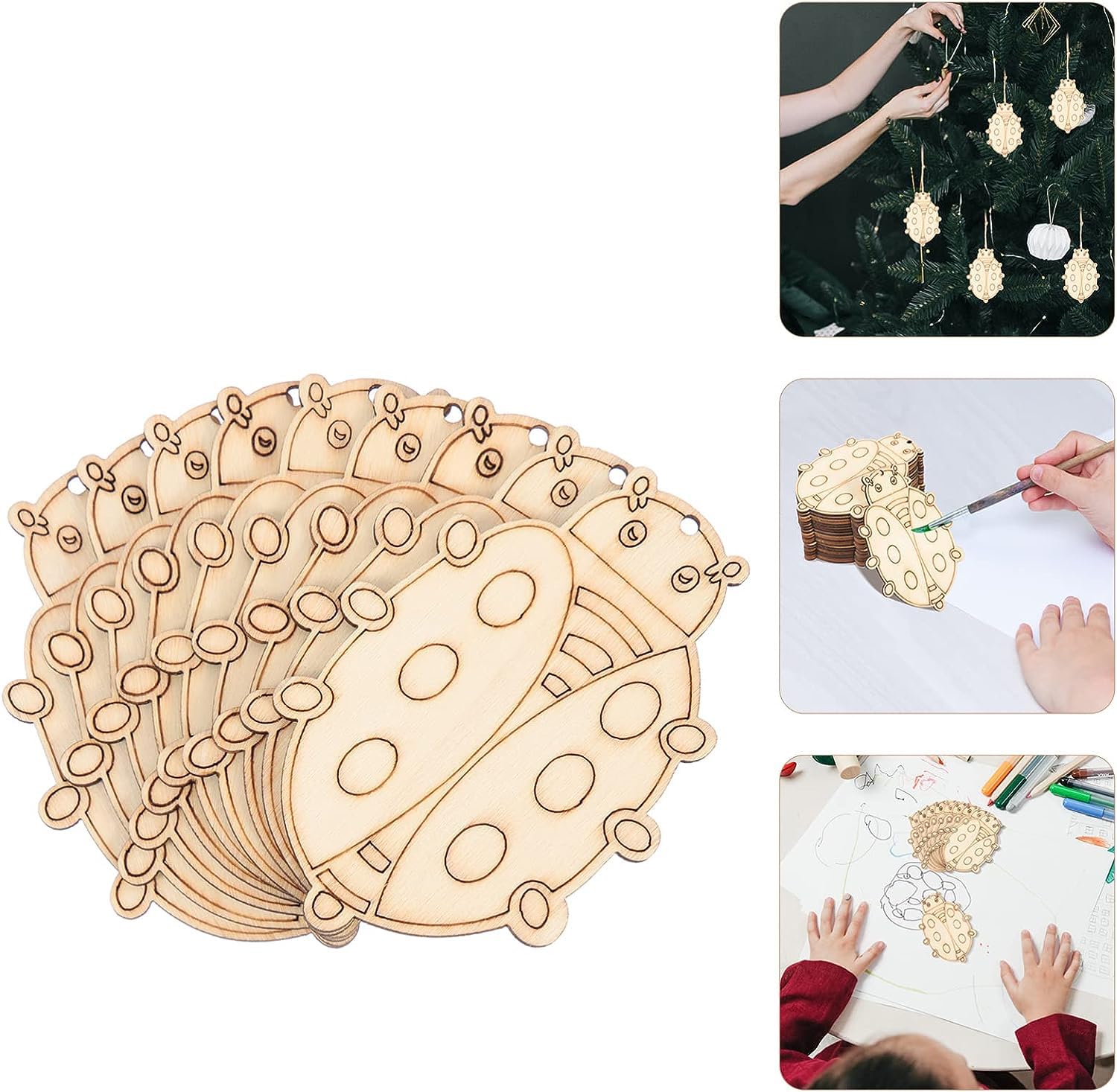 Wooden ladybug shapes with people using them to decorate a tree, draw, and create ornaments.