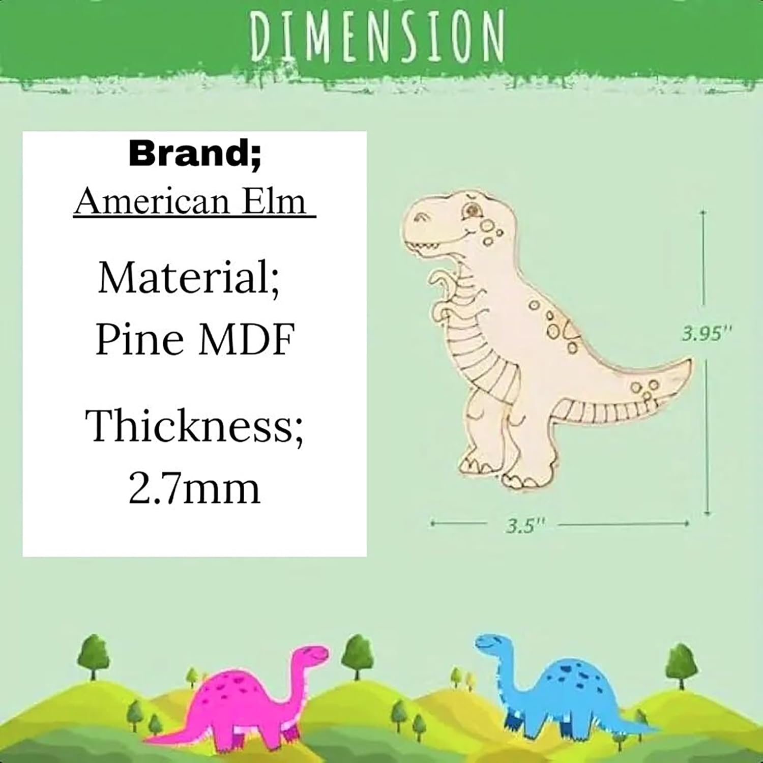 Dinosaur-themed product with dimensions and material details on a green background